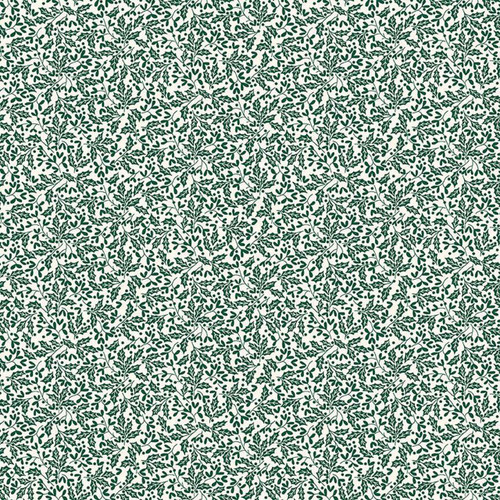 Cream cotton fabric with dark green Scandinavian-style holly leaves and berries from Makower’s Scandi Christmas collection