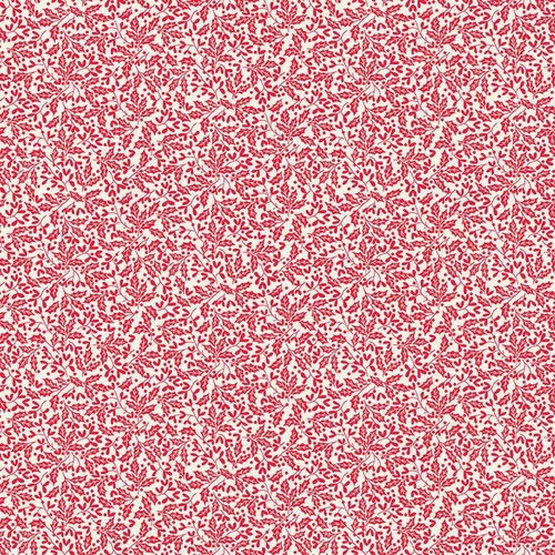 Cream cotton fabric with scattered red Scandinavian-style holly leaves and berries from Makower’s Scandi Christmas collection