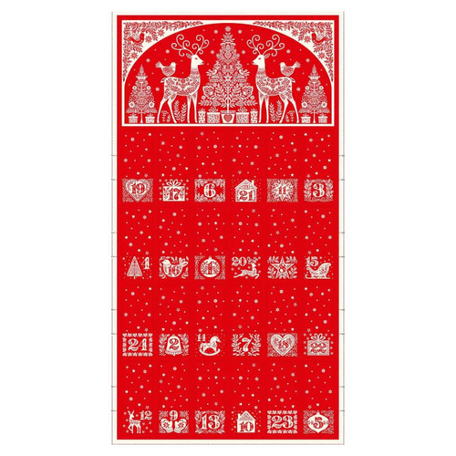 Red fabric panel with Scandinavian-style reindeer, tree, and 24 cream-coloured pockets to sew a reusable Advent calendar from Makower UK