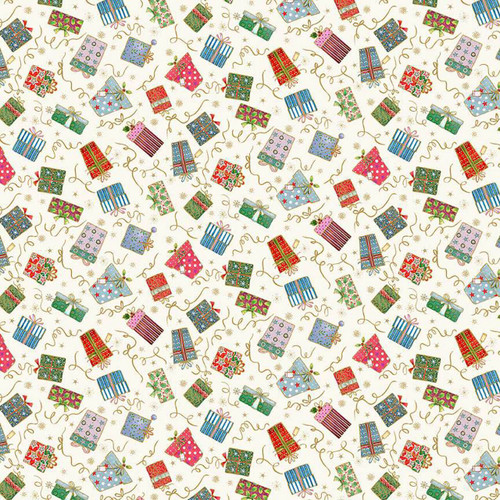 Cream cotton fabric with scattered colourful gift boxes and golden ribbons from Makower’s Jolly St Nick collection