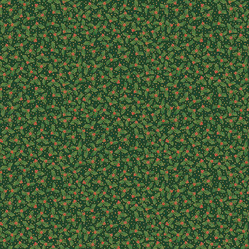 Dark green cotton fabric with small-scale holly sprigs, red berries, and metallic gold dots from Makower’s Jolly St Nick collection