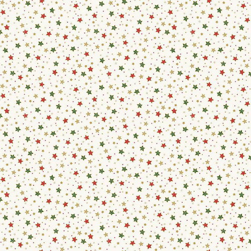 White cotton fabric with small red, green, and gold stars scattered across from Makower UK’s Jolly St Nick collection