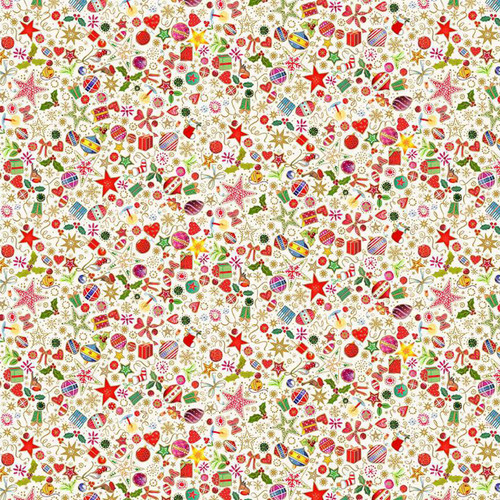 Cream background Christmas fabric featuring multicoloured festive icons — baubles, holly, stars, sweets, birds and gold accents — from Makower UK