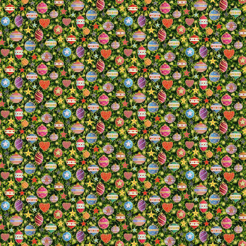 Christmas fabric with colourful baubles, hearts, stars and festive greenery on a deep green background from Makower’s Jolly St Nick collection