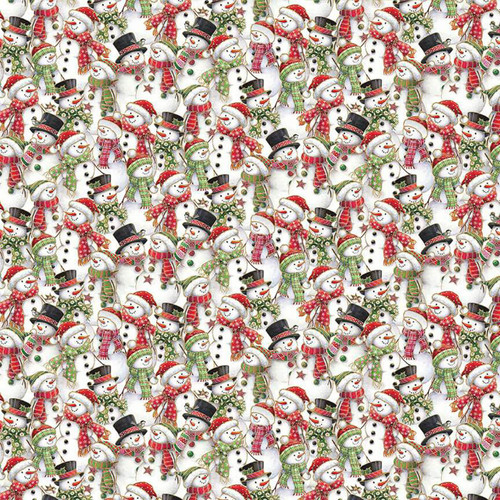 Cream cotton fabric featuring snowmen in red, green and black hats and scarves, surrounded by stars and ornaments – from Makower’s Jolly St Nick collection