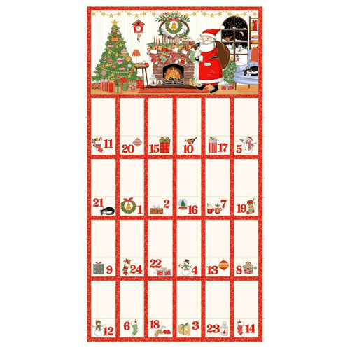 Fabric Advent calendar panel from Makower UK featuring Santa, a fireplace, and 24 numbered pockets. Measures approx. 60cm by width of fabric.