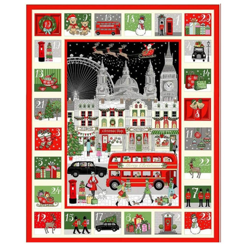 London Advent Calendar fabric panel by Makower UK featuring red buses, black taxis, Big Ben, and numbered pockets to sew