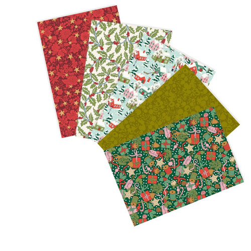 Holly & Hearth Liberty Festive Greetings fat quarter bundle with five coordinating Christmas cotton prints in red, green, gold, and pale blue