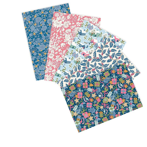 Sugar Plum Lane Liberty Festive Greetings fat quarter bundle with five cotton Christmas prints in pastel pink, blue, white and navy