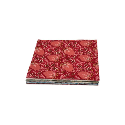Stacked 5" charm squares from the Laundry Basket Quilts Mixed Bag by Edyta Sitar. The top square features a red pomegranate floral print; the edges reveal the layered mix of vintage-inspired prints beneath.