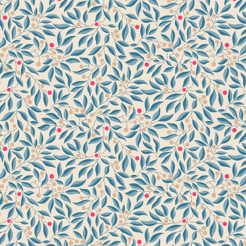 Botanical fabric with blue leaves, red and taupe berries – Willow Stitch in Blue from the Liberty Craft Garden collection Botanical fabric with blue leaves, red and taupe berries – Willow Stitch in Blue from the Liberty Craft Garden collection
