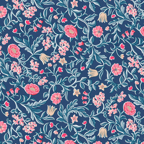 Blue floral fabric with coral, pale gold, and blush pink flowers – May’s Flowers on Blue from the Liberty Craft Garden collection Blue floral fabric with coral, pale gold, and blush pink flowers – May’s Flowers on Blue from the Liberty Craft Garden collection