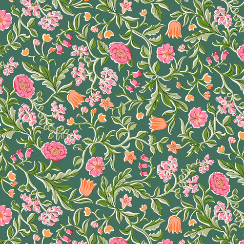 Green floral fabric with pink, coral, and peach flowers – May’s Flowers on Green from the Liberty Craft Garden collection Green floral fabric with pink, coral, and peach flowers – May’s Flowers on Green from the Liberty Craft Garden collection