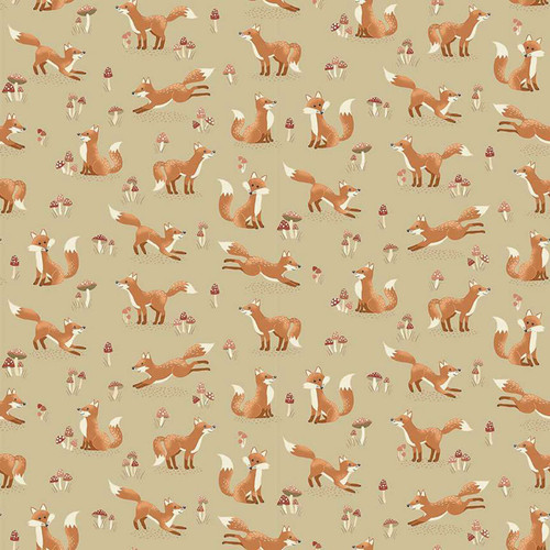 Alt: Fox Tales Cream fabric from Hello Autumn by Makower Fabrics showing playful russet foxes and red-and-white toadstools on a cream background.