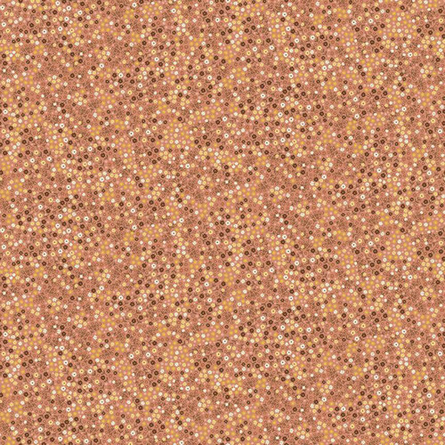 Alt: Mini Blooms Pink fabric from Hello Autumn by Makower Fabrics showing tiny scattered flowers in ivory, yellow, lilac, and brown on a warm pink background.