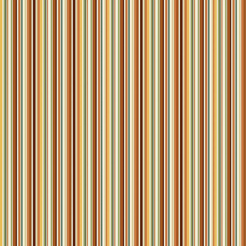 Alt: Cinnamon Stripe fabric from Hello Autumn by Makower Fabrics showing vertical multi-width stripes in cinnamon brown, amber, cream and soft greens on 100% cotton.