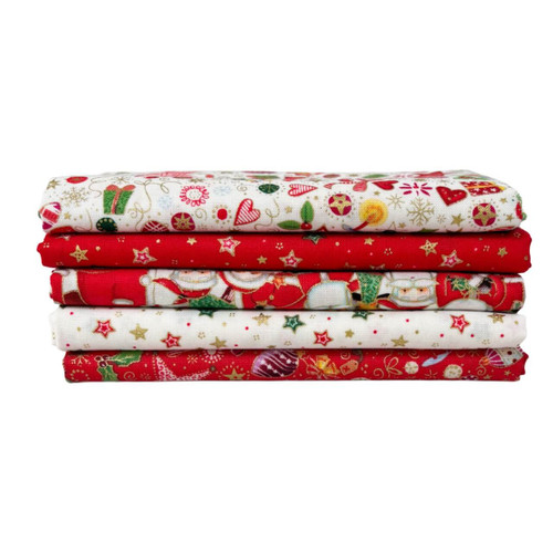 Stack of five red and white Jolly St Nick Santa fat quarters by Makower UK with festive prints and gold accents