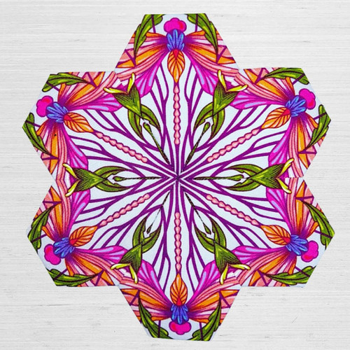 Fussy cut English Paper Piecing star block featuring a kaleidoscope effect with bright pink, orange, and green floral motifs on a white background. Fussy cut English Paper Piecing star block featuring a kaleidoscope effect with bright pink, orange, and green floral motifs on a white background.