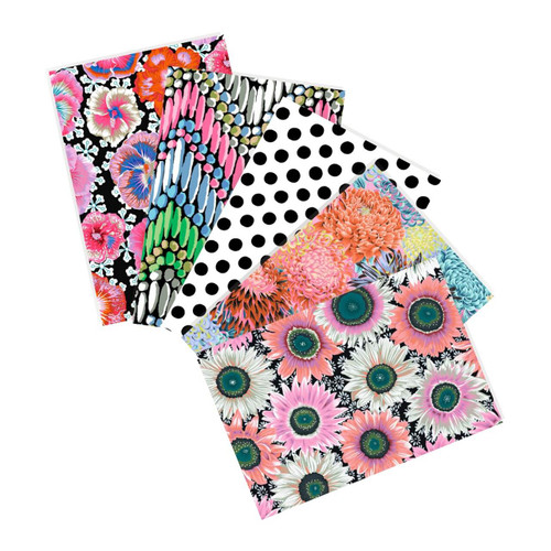 Free Spirit Fabrics Petal Pop fat quarter bundle, Kaffe Fassett Collective Classics Plus, 5 fabrics in coral, pink, black-and-white, turquoise, floral and geometric prints Free Spirit Fabrics Petal Pop fat quarter bundle, Kaffe Fassett Collective Classics Plus, 5 fabrics in coral, pink, black-and-white, turquoise, floral and geometric prints