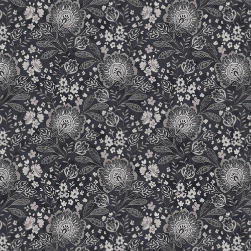 P&B Textiles Elizabeth in Dark Grey 108 inch wide back cotton fabric with tonal grey botanical damask florals on deep charcoal ground