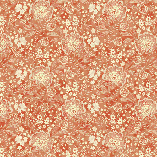 P&B Textiles Elizabeth in Terracotta 108 inch wide back cotton fabric with terracotta ground and cream botanical damask floral motif