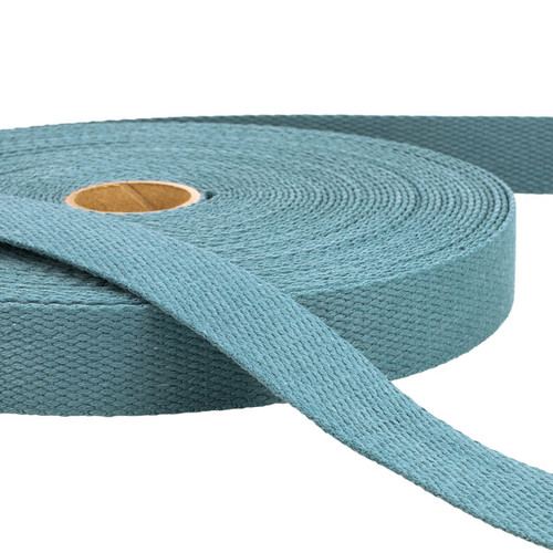 Mineral Blue 25mm cotton webbing roll, sold by the metre. Stephanoise 1" Mineral Blue cotton webbing for bag straps