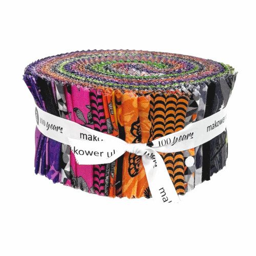 Phantasm 2.5" strip roll by Libs Elliott for Andover Fabrics – rolled bundle of WOF strips in pink, orange, lime, purple, grey and black with graphic motifs.