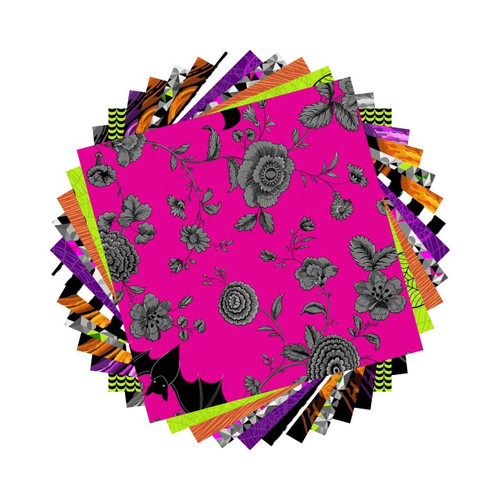 Phantasm 10" charm pack by Libs Elliott for Andover Fabrics – stack of assorted 10 inch squares; top square bright magenta floral with grey flowers and a partial black bat motif.