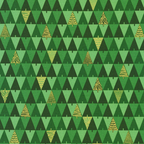 Robert Kaufman Fabrics Peppermint Twist “Geo Trees Holly” — holly and pine green geometric triangles with scattered metallic gold Christmas tree icons.