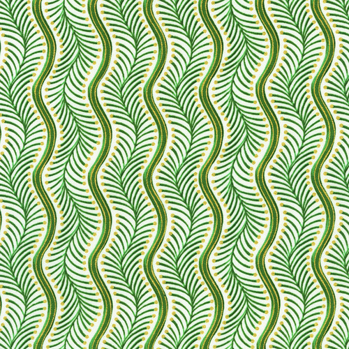 Robert Kaufman Fabrics Peppermint Twist “Ribbon Vanilla” — warm vanilla ground with wavy evergreen ribbon stripes and gold metallic dots.