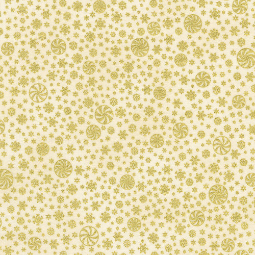 Robert Kaufman Fabrics Peppermint Twist “Sweets Vanilla” — vanilla/cream background with gold metallic snowflakes, stars and peppermint swirl motifs.