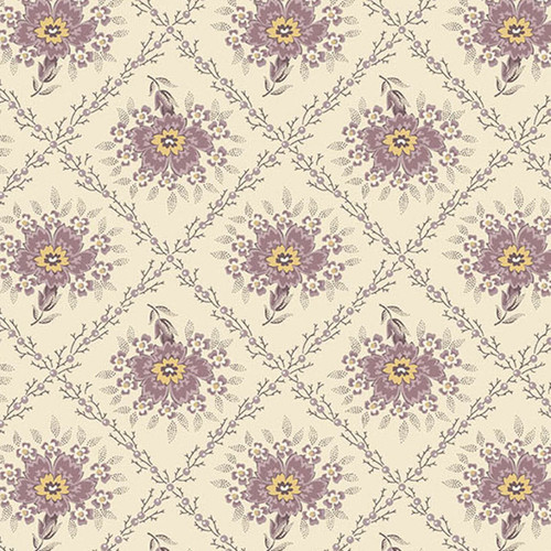 Andover Fabrics Wildflower Cottage Trellis Pansy—cream with purple, yellow and taupe floral medallion trellis cotton print.