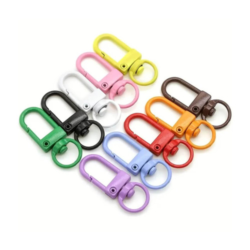 Coloured lobster clasps arranged in ten bright colours.