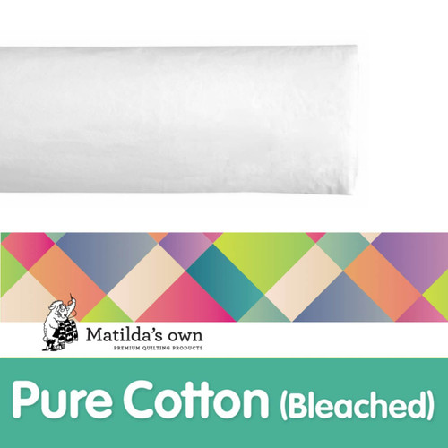 Roll of Matilda’s Own 100% Cotton Wadding displayed on white background with colourful label showing brand and fibre composition. Roll of Matilda’s Own 100% Cotton Wadding displayed on white background with colourful label showing brand and fibre composition.