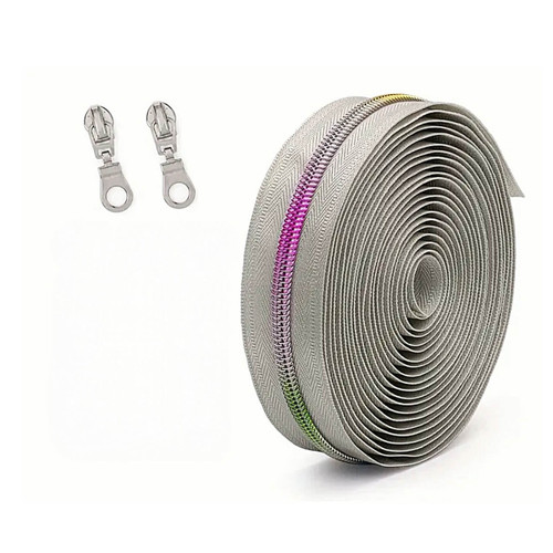Grey herringbone size 5 continuous zipper tape with rainbow coil and nickel pull