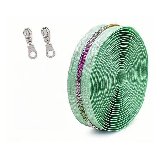 Mint green herringbone size 5 continuous zipper tape with rainbow coil and nickel pull