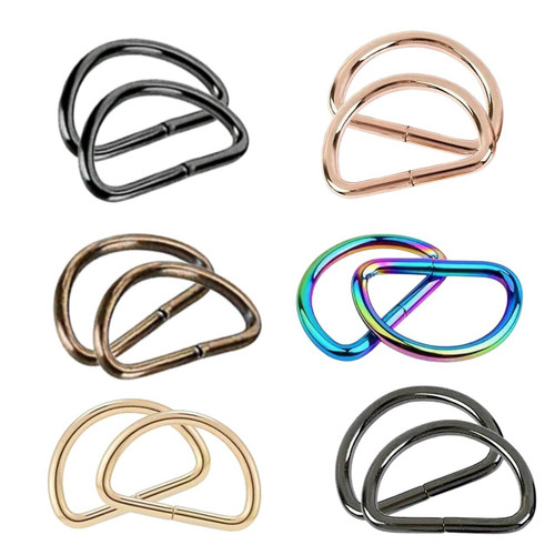 Set of two 25 mm D-rings for 1" webbing and strap tabs in Black, Antique Silver, Rose, Bronze, Rainbow and Gold.