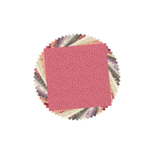 Wildflower Cottage 5” Charm Pack by Renee Nanneman for Andover Fabrics – 60 pre-cut squares arranged in a circle, showing a mix of floral, ditsy and trellis prints with a pink swirled square on top. Wildflower Cottage 5” Charm Pack by Renee Nanneman for Andover Fabrics – 60 pre-cut squares arranged in a circle, showing a mix of floral, ditsy and trellis prints with a pink swirled square on top.