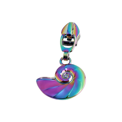 Metallic rainbow nautilus shell zip pull for #5 nylon zips with domed spiral design.