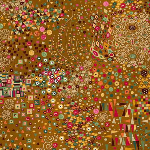 Sumphony Yellow fabric from the Golden Collection by Makower UK – golden cotton print with layered abstract and geometric motifs.