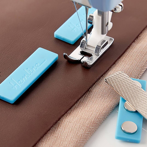 Hemline Magnetic Fabric Grips holding thick fabric layers while sewing