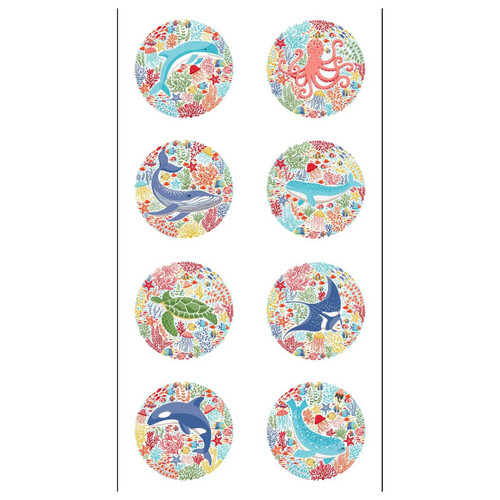 Makower UK Deep Blue Sea fabric panel showing eight circular underwater scenes on white background.