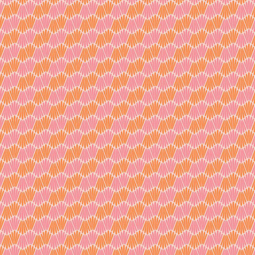 Pink and orange fan-motif Candlelight Sherbet fabric from Andover Fabrics Friday Night collection.