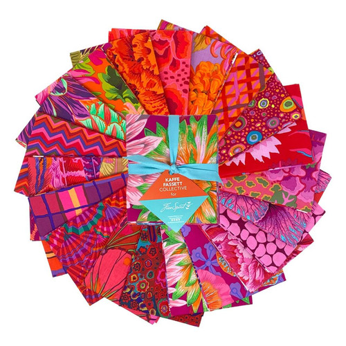 Kaffe Fassett Collective Classics Plus Ruby Fat Quarter Bundle, Free Spirit Fabrics, 20 pieces, warm tones, red pink orange florals and geometrics