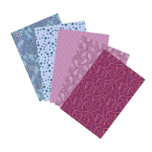 Meadow to Mulberry fat quarter bundle featuring blue floral and mulberry-toned quilting cottons fanned out