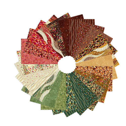 Makower UK Golden Collection full fat quarter bundle showing green, brown, cream, red, and yellow abstract geometric prints with metallic gold accents