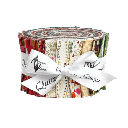 Makower UK Golden Collection 2.5" strip roll featuring warm yellow, green, red, and brown geometric and textured prints, rolled and tied with ribbon.