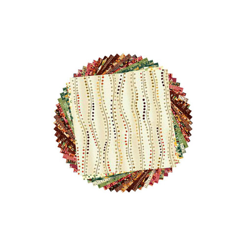 Makower UK Golden Collection 5" charm pack showing layered squares in warm yellow, cream, green, red, and brown geometric and textured prints arranged in a circular stack.