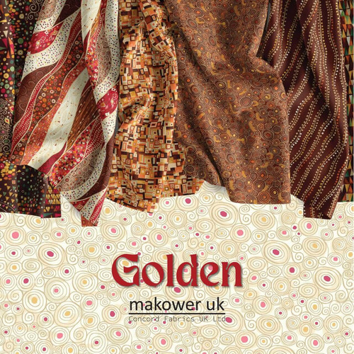 Golden fabric collection promotional image showing selected fabrics from the collection draped over a textured background