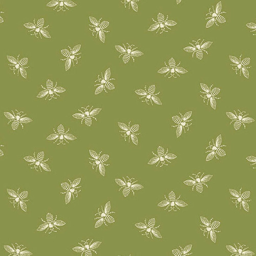 Petite Bee Grass fabric with a lively green background and intricate white bee motifs from the Petite Beehive Collection by Renee Nanneman.